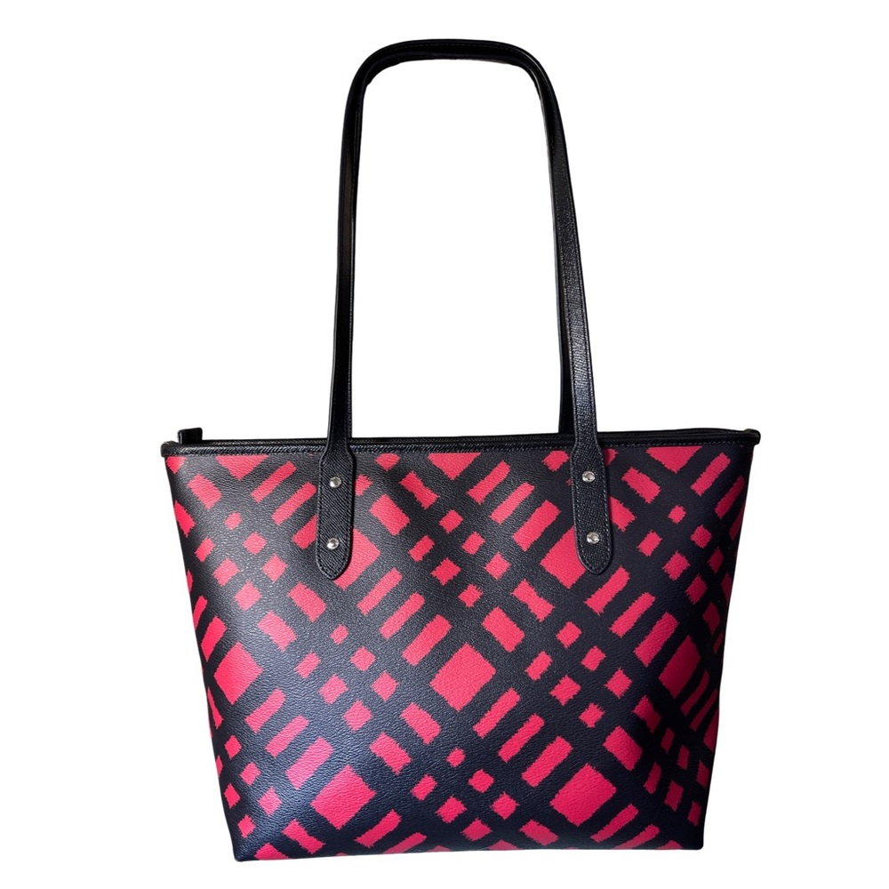 Coach City Tote in Red & Black Buffalo Plaid Canvas - Picture 5 of 16
